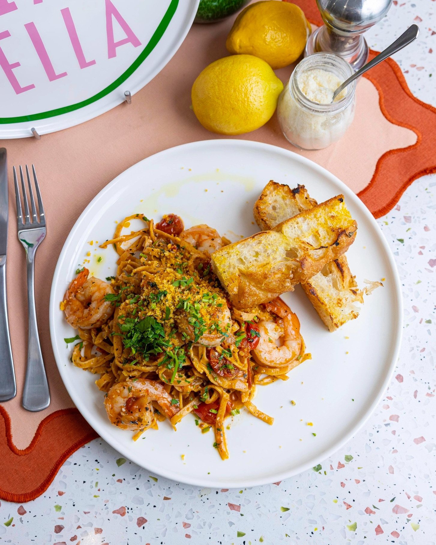 Pasta and prawns at La Bottega